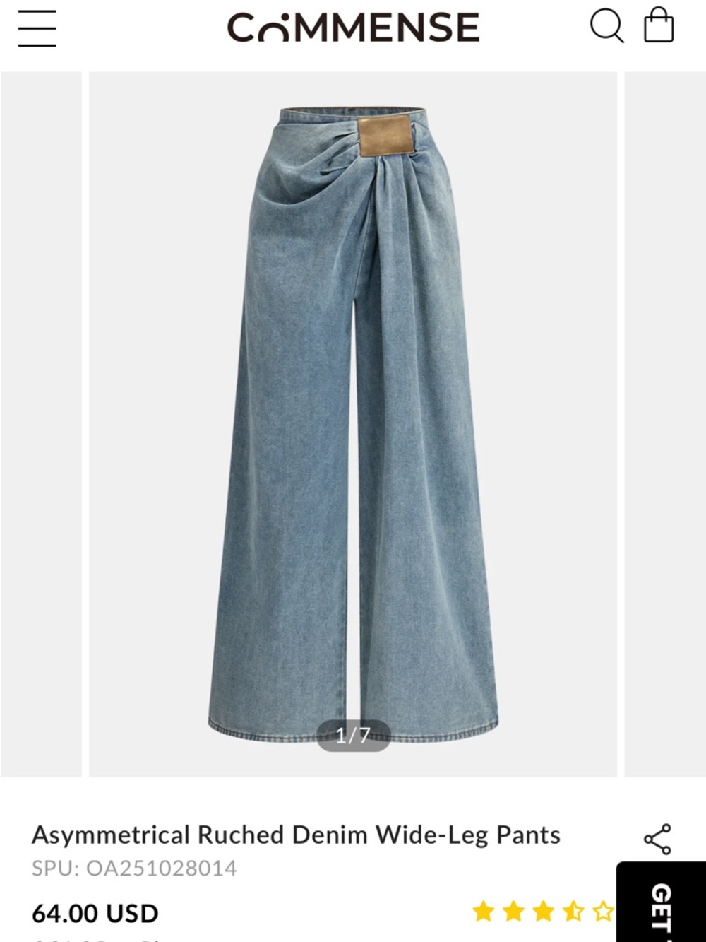 Commense Asymmetrical Ruched Wide-Leg Denim Pants - Light Blue with Tan Patch